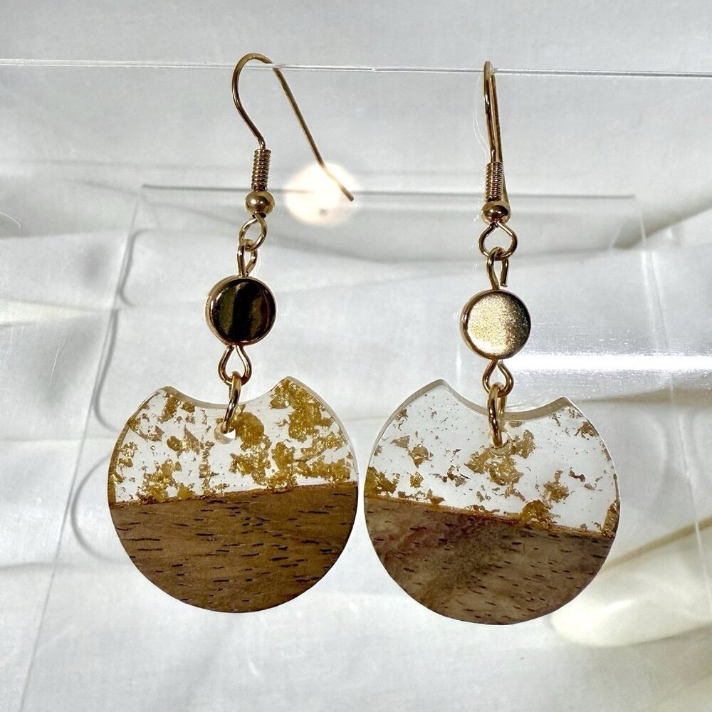Boho Gold Tone Wood Resin Dangle Earrings – Round Drop with Gold Leaf Accents 2"
